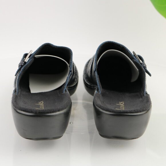 Clarks Womens Mule Size 8 Navy Leather Buckle Slip On Clogs Low Block Heel Shoes - Picture 6 of 11